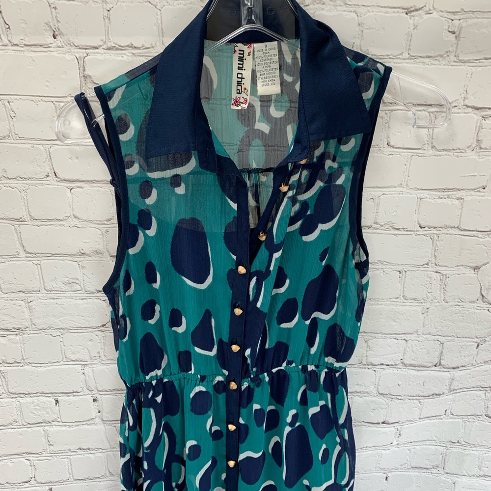 Mimi Chica Teal Navy Abstract Print Sleeveless Collared Button Front Dress Sz S - Picture 4 of 5